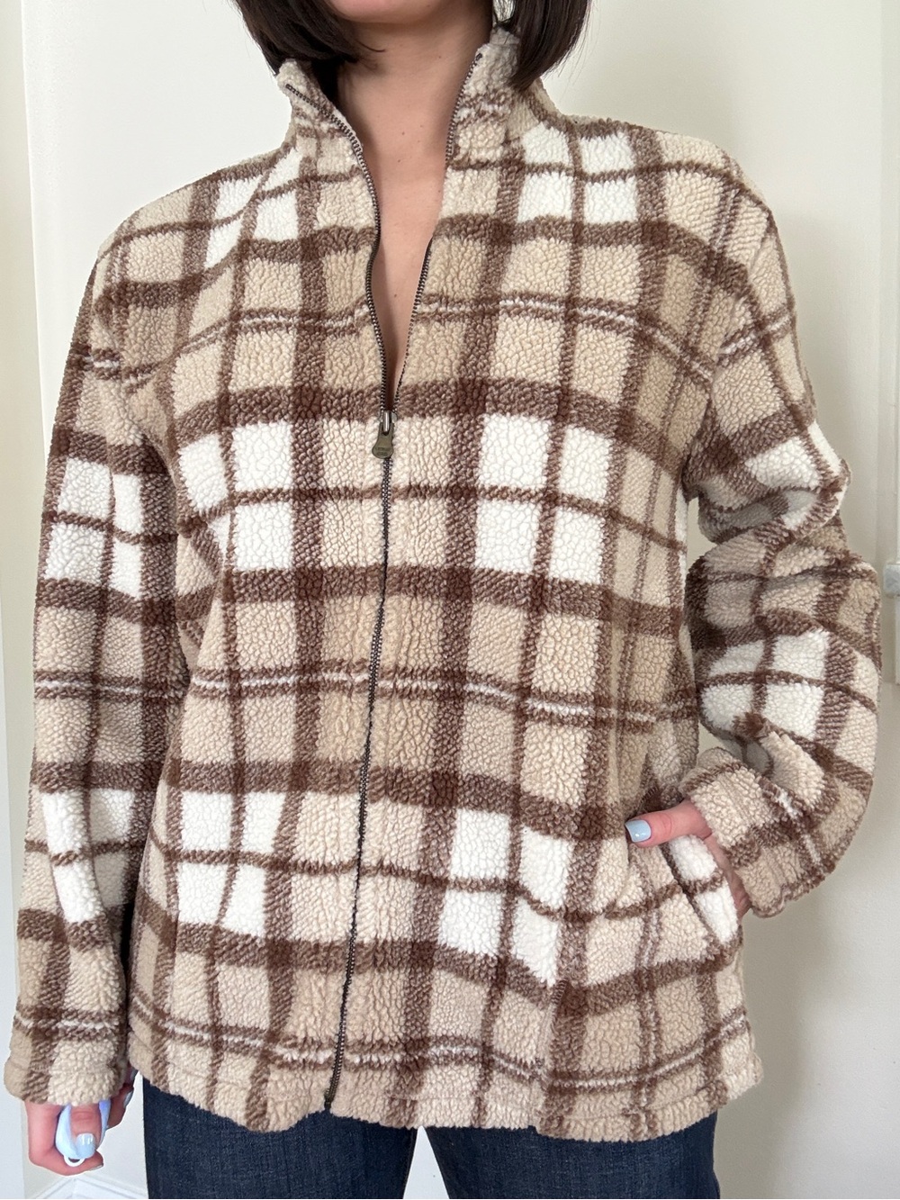 Beige & Brown Plaid Grid Fleece Jacket Women’s Petite Medium Fall Autumn